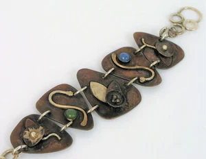 VINTAGE BEAUTIFUL MODERNIST COPPER STERLING SILVER LAPIS JADE BRACELET FLOWER - Picture 1 of 3