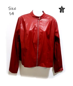 Bright Red ~ Size 14~ Faux Leather Biker Jacket ~ Silver full length zip - Picture 1 of 10