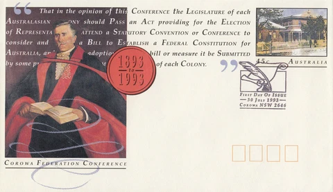 (13812) Australia Postal Stationery FDC Corowa Federation 1993 Cover