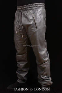 Homme Jogging Gris Peau d'agneau Premium Véritable Cuir Doux Pantalon Serrage - Picture 1 of 6