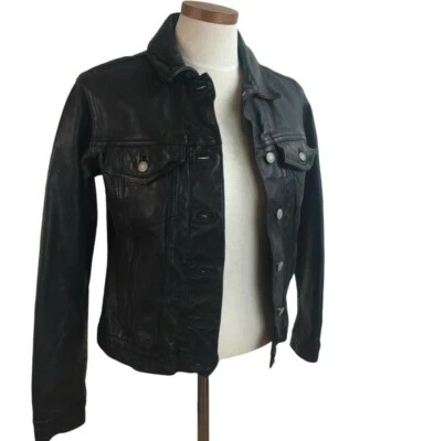 Gap Womens Leather Biker Jacket Black Moto Buttoned Classic Y2K Coat XS - Image 1 of 4