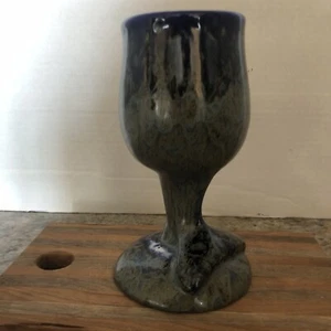 Vintage Doug Wylie Ceramic Whale Dolphin Tail Stemmed Wine Goblet Blue Drippy 7" - Picture 1 of 5