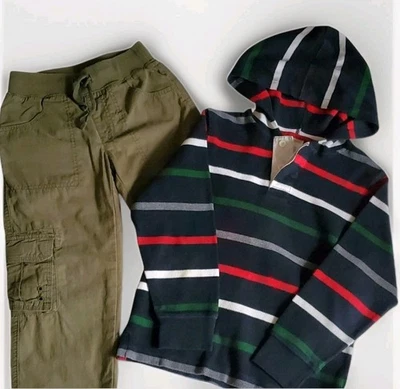 Gymboree Boys Size 7 Outfit Lined Cargo Pants & Sweater Hoodie Navy Striped Knit - Image 1 of 4