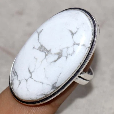 Anello Howlite placcato argento 925 US 8 design ispirato al lusso GW - Immagine 1 di 3