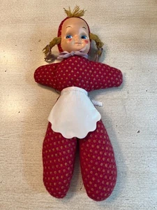 Vintage Stofftier Kewpie wie Puppe Rotkäppchen weiß Kunststoffschürze süß - Bild 1 von 8