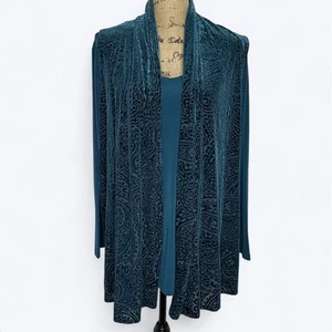 Susan Graver 2 Piece Liquid Knit Top & Velvet Burnout Vest Dark Teal Paisley 1X - Picture 1 of 18