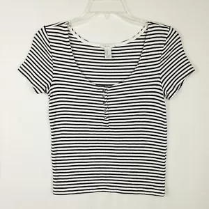 Forever 21 Womens Knit Top Short Sleeve Striped Cropped Stretch Size M Buttons - Picture 1 of 14