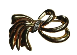 Vintage signiertes Band & Schleife Brosche Pin Goldton Strass Akzente - Bild 1 von 4
