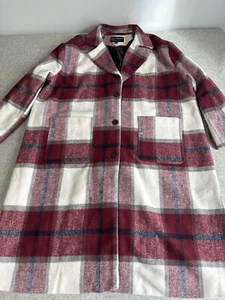 Jason Maxwell 2X Womens Coat Long Plaid Red White Pockets Lined Midi Church Work - Picture 1 of 21