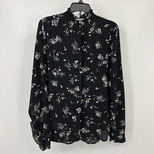 H&M Blouse Black Floral Long Sleeve Womens Ruffled Crew Button Down Shirt Size 0 - Picture 1 of 14