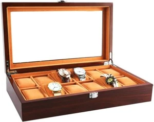 Mahogany Wood Watch Box Case Display Organizer Glass Top for 12 Watches/Jewelry - Picture 1 of 10