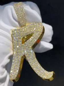 Men's R Initial Letter Pendant 3Ct Round Real Moissanite 14k Yellow Gold Plated - Picture 1 of 3