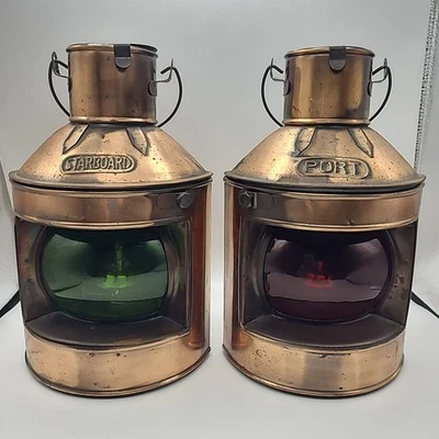 Nautical Copper Colored Metal Red Port & Green Starboard Oil Lanterns Hong Kong - Image 1 of 4