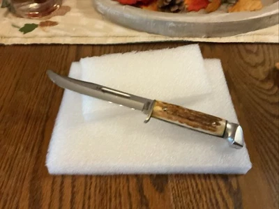 1920 年代 - 40 年代保护壳,9 英寸固定刀片 Stag 狩猎刀,二手状况,无鞘 — 第 1/4 张图片