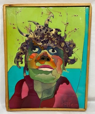 Retrato de mujer abstracto firmado original de madera y pintura y resina en capas mixta Foto 1 de 4