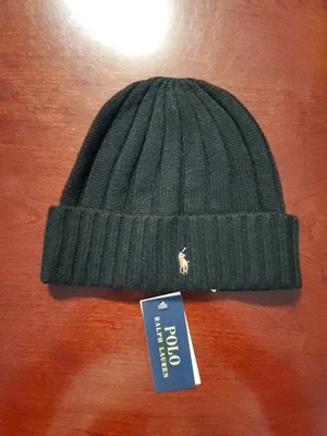 Polo Ralph Lauren Pony Mezcla de Lana Tejido Sombrero Puños Gorro OS NUEVO CON ETIQUETAS Negro Foto 1 de 4
