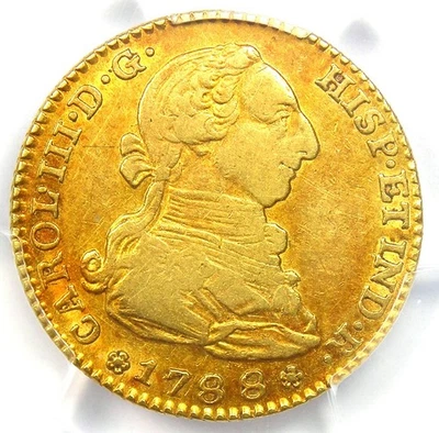 1788 Spain Gold Charles III 2 Escudos Gold Coin 2E - Certified PCGS AU50 - Rare! - Image 1 of 4