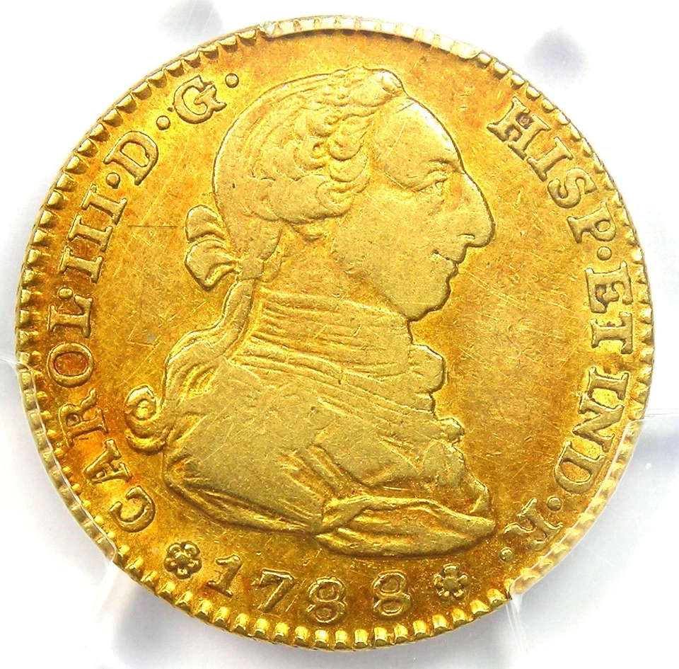 Moeda de ouro 1788 Espanha ouro Charles III 2 escudos 2E - Certificada PCGS AU50 - Rara! - Imagem 1 de 4