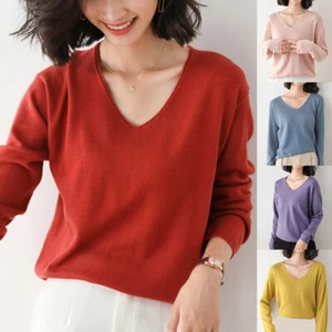 Women's V-neck Warm Sweater Solid Knitted Pullover Jumper Autumn Winter Tops - Picture 1 of 22