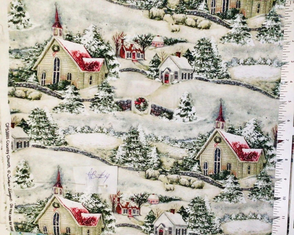 Susan Winget Country Church Invierno Vacaciones Escena Tela por Yarda Foto 1 de 1