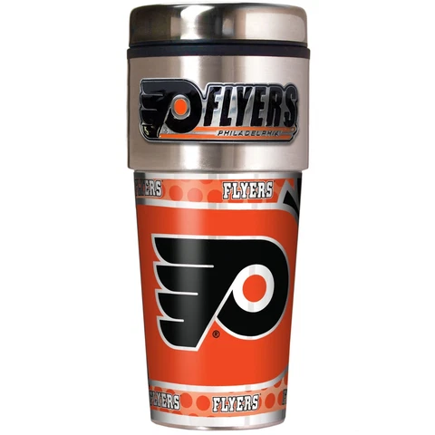 PHILADELPHIA FLYERS 16 OZ STAINLESS STEEL COFFEE TRAVEL MUG WITH METAL EMBLEM Cover