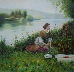 24x24 Lady Picknick in Spring Lakeside Oil Painting Classic Portrait Woman - Picture 1 of 1