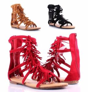 3 Color Faux Suede Shaft Stulish Ruffle Back Zipper Gladiators Women Sandals