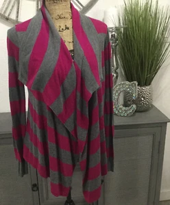 DKNY Waterfalls Open Front Striped Cardigan Color: Gray & Pink Size: Small - Picture 1 of 3