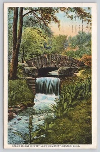 Stone Bridge in West Lawn Cemetery Canton Ohio Waterfall 1922 Postcard - Picture 1 of 2