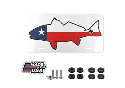 Redfish Texas Bandera Pesca Mosca Pez Rojo Tambor Camión Etiqueta Tocador Placa TX Foto 1 de 4