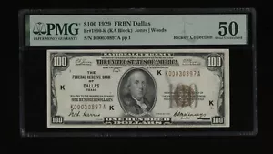 DBR 1929 $100 FRBN Dallas Fr. 1890-K PMG AU-50 Serial K00030897A - Picture 1 of 2