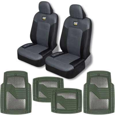 Juego de funda de asiento de coche delantero CAT + alfombrillas automotriz camión SUV furgoneta Gunmetal/verde Foto 1 de 4