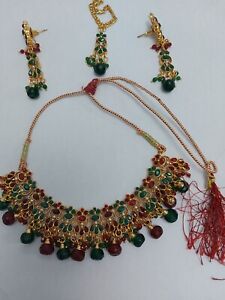 Eid !Stunning Bridal Red Green And Gold  Necklace, Earrings And Bindiya Set 