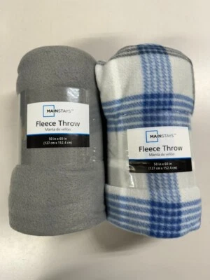Set of 2 Mainstays Fleece Throws Gray & White Plaid 50X60 Inch Polyester - Image 1 of 4