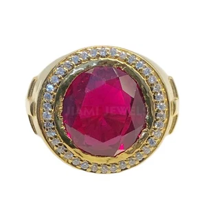 Men’s Bishop Ring Simulated Ruby Moissanite Oval Bezel 14k Yellow Gold Silver - Picture 1 of 10