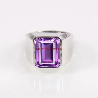 Piedra preciosa de amatista natural con anillo de plata enchapado en oro blanco de 18 quilates para hombre #249 Foto 1 de 4