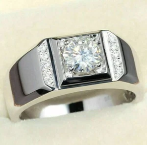 14K White Gold Plated 2Ct Round Lab-Created Diamond Solitaire Men's Wedding Ring - Picture 1 of 3