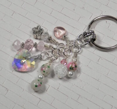 Heart Flower Crystal Beaded Handmade Keychain Split Key Ring White Pink - Image 1 of 4