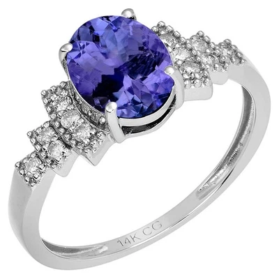 Anillo de diamantes y tanzanita natural ovalado estilo vintage de oro blanco macizo de 14k Foto 1 de 4