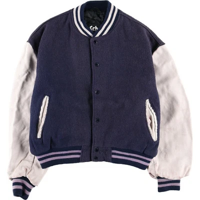 Schott 90s Padded Sleeve Leather Wool Button Stadium Jacket Navy & White, Used - Image 1 of 4