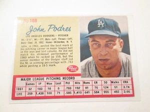 1962 Post Cereal Baseball #108 John Podres Los Angeles Dodgers nrmt - Picture 1 of 1