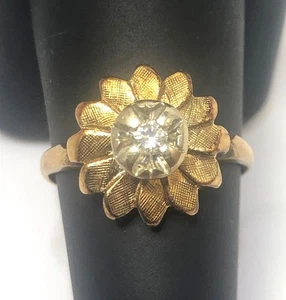 Vintage 14k Textured Rose Gold and Solitaire Diamond Floral Ring Size 7.5 - Picture 1 of 11