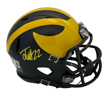 JUSTICE HAYNES SIGNED MICHIGAN WOLVERINES MINI HELMET SPEED BECKETT COA - Image 1 of 2