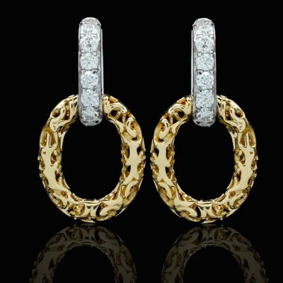 Par de Pendientes Estate Oro 14K Dos Tonos Diamantes Naturales Puerta Llamador Foto 1 de 2