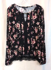 WHBM Blouse LARGE Black Pink Floral Lace Trim Long Sleeve Elegance Whimsygoth - Picture 1 of 22