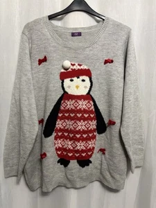-906 F&F Sz 26 Grey Knit Festive Penguin Bows Xmas Jumper - Picture 1 of 4