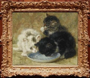 Antiguo arte maestro hecho a mano pintura al óleo antigua animales gatos gatitos sobre lienzo - Imagen 1 de 2