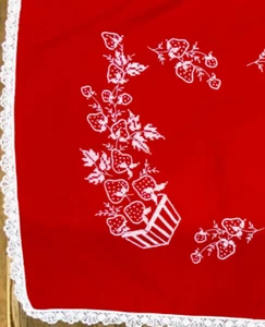 SWEET 1950s Strawberry Embroidery Tablecloth w/ Handmade Lace Trim Farmhouse - Picture 1 of 12
