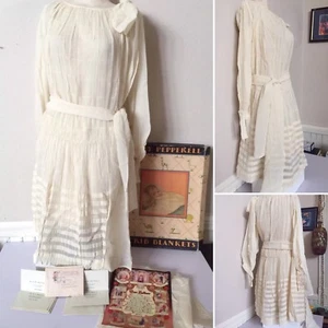 ART DECO 1920's ANTIQUE CREAM FRENCH COTTON LIGHT SHEER FLAPPER DRESS WEDDING - Picture 1 of 12