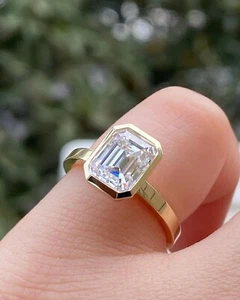 3 cts Emerald bezel set VVS Certified Lab Grown Diamond 10K Engagement Ring - Picture 1 of 6